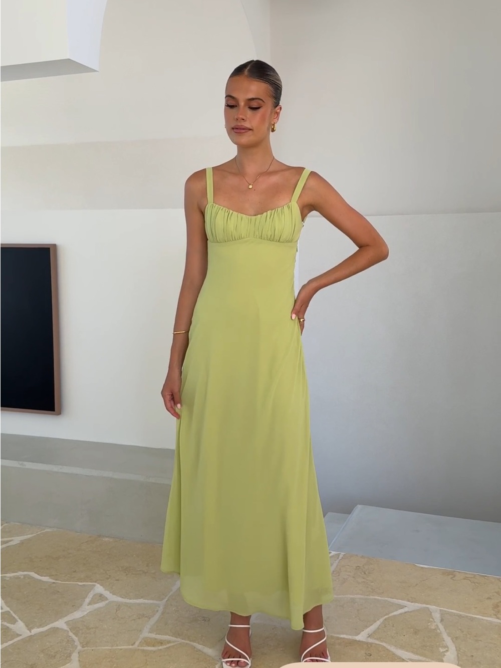 Lemon-Green Sleeveless Maxi Dress with Ruched Bodice
